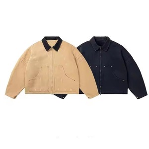 Chaqueta de invierno de lona lavada vintage desgastada para hombre, logotipo personalizado, cuello levantado, doble cremallera, 100% algodón, sarga, ajuste cuadrado, logotipo frontal - Product Image 4
