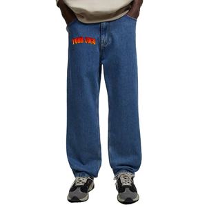 กางเกงยีนส์ทรงหลวมสีน้ำเงินเข้มสำหรับผู้ชายกางเกงยีนส์ทรงตรงไฮสตรีทสีน้ำเงิน100% งานตามสั่ง - Product Image 1