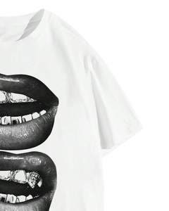 Custom <b>Men</b> White Lips Graphic Print Oversized T Shirt Streetwear Cotton Short Sleeve Casual Loose Fit Modern Fashion Tee <b>Top</b> - Product Image 2