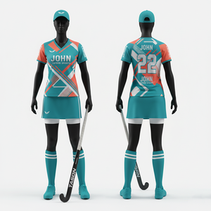Uniforme de Hockey sobre Césped para Mujer, 180 GSM, Poliéster Transpirable Sublimado, Conjunto de Falda y Jersey con Paneles Diagonales en Verde, Naranja y Blanco - Product Image 3