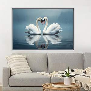 Décoration sur toile Cygnes amoureux - Œuvre d'art imprimée sur toile, 1P : encadré blanc - Product Image 1