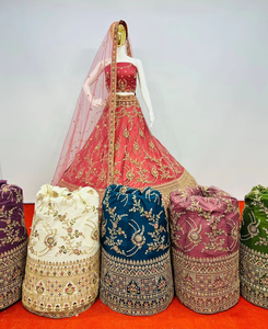 Nouvelle tenue de mariée Lehenga Choli en tulle avec travail de pierres Jarkan complet, dupatta Jaal lourd et blouse, disponible en 10 modèles et 6 couleurs - Product Image 4