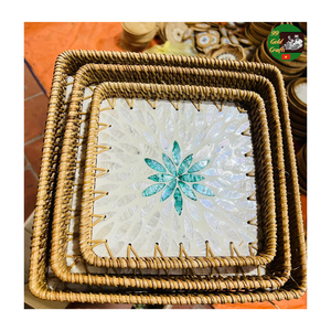 Handcrafted Rattan <b>Tray</b> Mixed Mother of Pearl Mosaic Serving <b>Tray</b> for Hotel and Restaurant, Decorative Round Rattan Serving <b>Tray</b> - Product Image 1