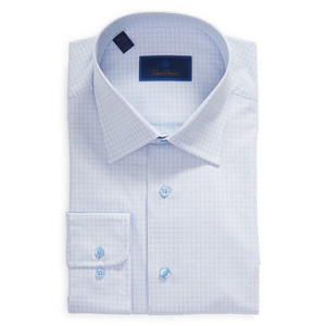 Camicia David Donahue 100% Cotone, Fantasia a Quadri Sottili, Blu, Vestibilità Regolare, Taglia 16.5-32, Collo alla Coreana, Antipiega, Popeline Tessuto - Product Image 1