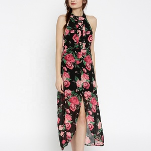 Vestido Maxi de Gasa con Estampado Floral para Mujer, Halter sin Mangas, Dobladillo Asimétrico, Abertura Lateral, Estilo Bohemio, para Fiesta de Verano o Casual - Product Image 1
