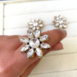 <b>Indian</b> Brass Handmade Kundan <b>Ring</b> With Flower Design Ans Oval Crystals Work <b>Rings</b> for Wedding Party Wear <b>Rings</b> - Product Image 3