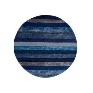 Alfombra Rectangular Caliedo de Lana y Viscosa con Rayas Azules, Hecha a Mano, 9x12, para Sala de Estar, Entrada o Pasillo -Tra-14877 - Product Image 1