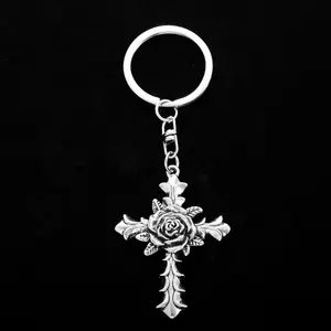 Rose cross keychain Memorial Gifts Baptism First Communion Key Rings cross Metal key chains pendant charm flower keychain cross