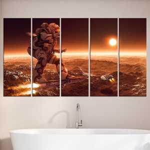 Decoración de pared moderna de vidrio templado: arte en lienzo con estampado de astronauta surrealista, JUEGO DE 5 LIEZNAS - Product Image 1