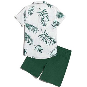 <b>Mens</b> Vintage Tropical Leaf Print <b>Short</b> Sleeve Shirt <b>Green</b> <b>Shorts</b> Set Casual Summer Beachwear Lightweight Breathable Two-Piece - Product Image 2