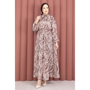Robe Hijab Marron Style Modeste avec Motif Châle en Tissu Mousseline et Taille Froncée - Product Image 6