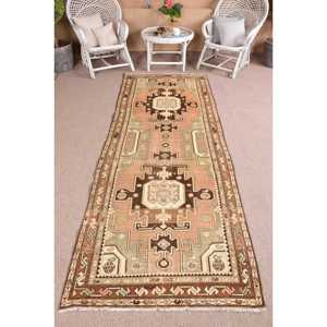 Turkish Vintage <b>Runner</b> Rug 3.4x9.5 ft, Brown <b>Green</b> Abstract Wool Rug - Product Image 1