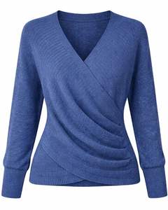 Customized <b>Women</b> Blue Wrap Style Knit Sweater Long Sleeve V Neck Soft Casual Winter Top Elegant Ladies Fashion Pullover - Product Image 1