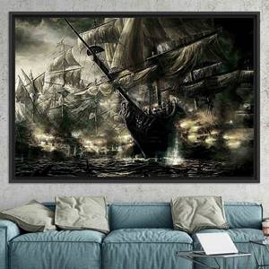 Toile imprimée : Bataille de pirates abstraite, décoration murale de bureau, toile encadrée noire - Product Image 1
