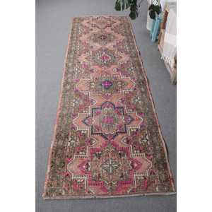 Vintage Rug 3.2x9.9 ft, <b>Red</b> Pink Bordered <b>Wool</b> Turkish Rug - Product Image 1