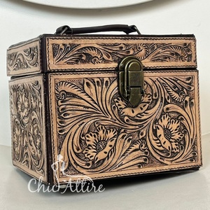 Best Gift Hand Tooled Cowhide Leather Velvet Jewelry <b>Box</b> Portable Necklace Ring Watch Travel Jewelry Case Organizer with Mirror - Product Image 1
