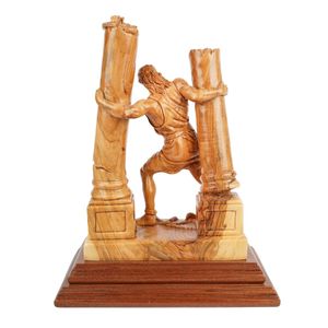 Escultura de Samson Destruyendo los Pilares, Tallada a Mano en Madera de Olivo, 28 cm, Figura Cristiana Bíblica Hecha a Mano en Belén - Product Image 3