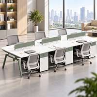 Bureau de travail pour six personnes avec rangements et cloisons d'intimité, mobilier moderne pour espaces de travail en open space