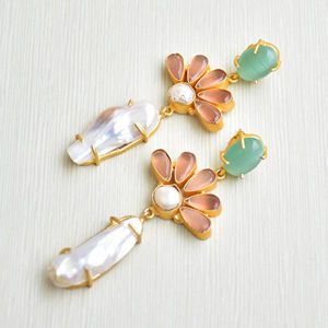 Natural Brass Drop Earrings Premium Pearl Natural Semi Precious <b>Stone</b> Matte Brass Texture Hypoallergenic Safe Wear Bulk - Product Image 2