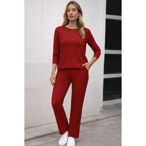 Jane's Women's Long Sleeve Round Neck Transparent Detail Knitted Blouse and Pants <b>Two</b>-<b>Piece</b> <b>Set</b>, Casual Solid Color Outfit - Product Image 1