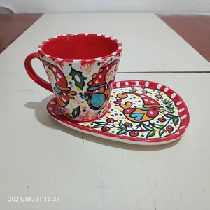 DOUBLE HAND-PAINTED HANDMADE CLASSIC CERAMIC TURKISH COFFEE MUG SET TRAY FRUIT PATTERN PARTY DISHWASHER SAFE DAFNI <b>BIG</b> PAZAR - Product Image 2