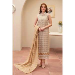 MIRAKHI Ensemble 3 pièces brodé Chickenari : Chemise, Dupatta en tissu slub et Pantalon - BIC-6100 pour Printemps/Été, Design sans col - Product Image 1