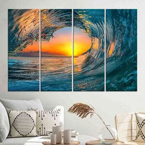 Impresión en lienzo de Sunset Wave: elegante arte de pared con paisaje marino, opción de vidrio templado, JUEGO DE 4 LIENZOS - Product Image 1