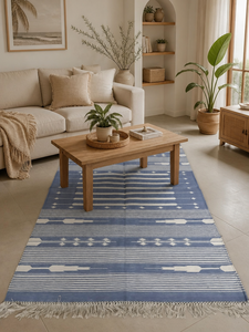 Indian Handmade Cotton Flat Weave Area <b>Rug</b> Blue <b>White</b> Striped Tribal Geometric Kilim Dhurrie Carpet with Fringe for Living Room - Product Image 2