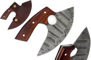 Couteau à pizza Ulu en acier Damas Nordic Forge, manche en bois de rose, étui en cuir, fait main, OEM, professionnel, ambidextre - Product Image 3