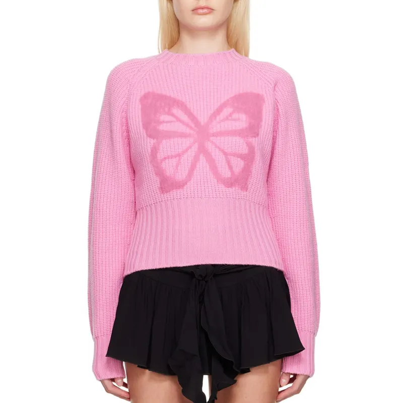 custom pink crew neck luxury designer wool lady women sweater knit jacquard pullover butterfly sweater women