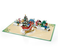 Tarjeta de felicitación navideña 3D con diseño de Papá Noel en trineo y árbol de Navidad