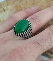 Bague Turque Homme Faite Main en Argent Sterling 925 Massif, Style Chevalière, avec Pierre Précieuse Onyx Vert Naturel Ovale 13x18mm et Lunette Dorée