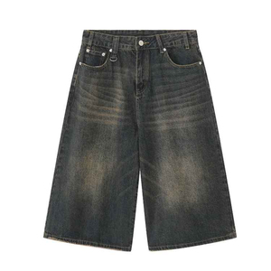 Ropa de calle de verano, pantalones cortos de mezclilla de algodón lavados oscuros desgastados holgados personalizados rectos, pantalones vaqueros de moda Vintage para hombres, pantalones cortos para hombres - Product Image 5