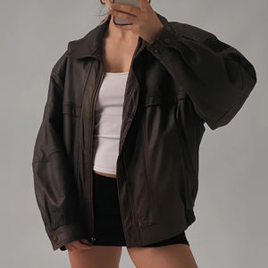 Blouson aviateur en cuir grande taille de style vintage pour femmes durable imperméable surdimensionné en peau de mouton longue longueur - Product Image 2