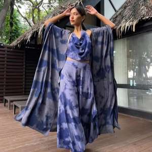 Women <b>Blue</b> Tie Dye Piece Co Ord Set Crop <b>Top</b> Palazzo Pants With <b>Long</b> Cape Boho Resort Wear Outfit - Product Image 1