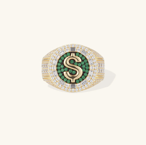 Anillo de hombre chapado en oro con símbolo de dólar y piedras verdes y blancas – Joyería de lujo estilo hip hop con incrustaciones de circonitas, un accesorio de moda llamativo - Product Image 1