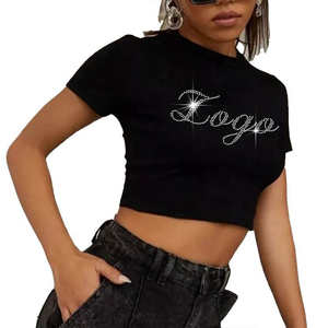 Customized Vintage Streetwear Women's T-Shirt <b>Summer</b> Athletic Compressed 100% Cotton Tee with Rhinestone - Product Image 2