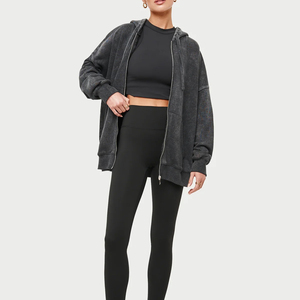 Sweat à capuche streetwear épais 500 g/m² délavé à l'acide pour femme, coupe oversize, grande taille, avec fermeture éclair sur le devant, style sport d'hiver, tricoté - Product Image 3