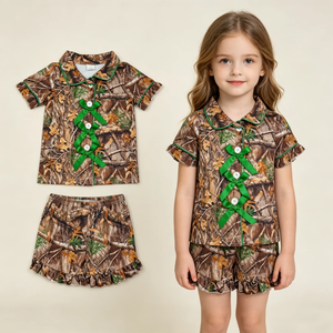 Combinaison à manches courtes pour filles, imprimé camouflage, avec détail de ruban vert, style mignon - Product Image 5