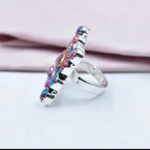 Beautiful Boho Style Cluster <b>Ring</b> Handmade Pink Dahlia Turquoise Sterling Silver for Women for Wedding or Gift - Product Image 4