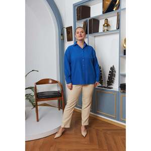 Blusa de Poliéster Azul para Mujer, Talla Grande, Corte Holgado y Drapeado, Manga Larga, para Uso Diario en Verano, Marca RMG - Product Image 4