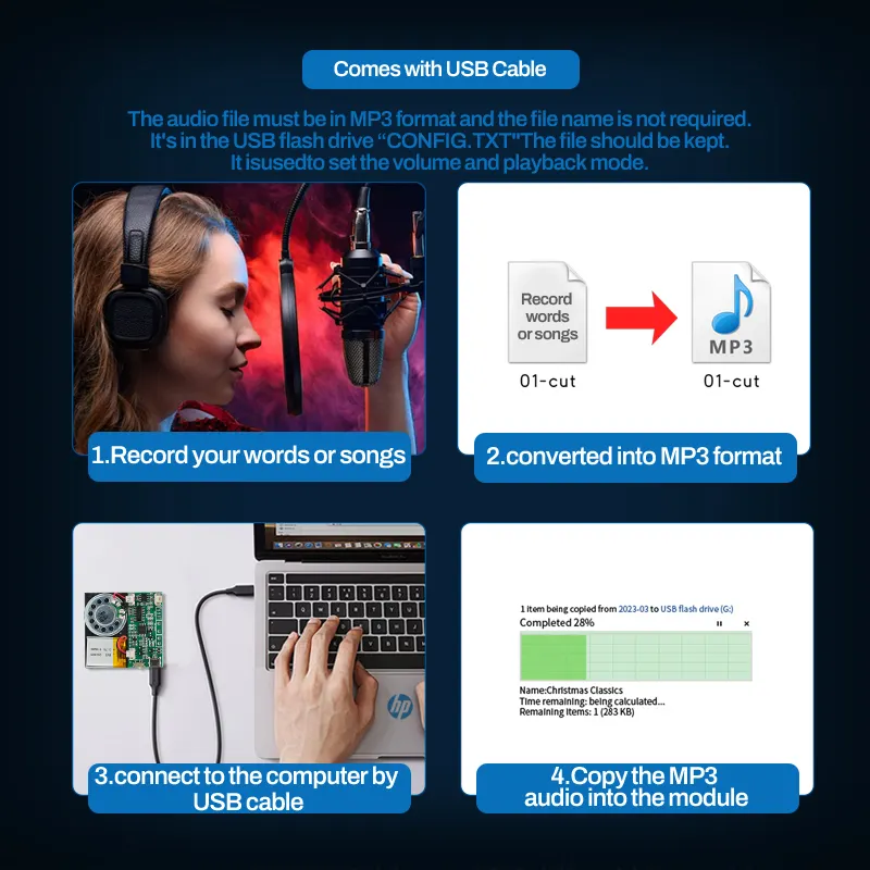 Reprodutor de música MP3 com som USB recarregável programável 8M com módulo de voz Mini cartão de felicitações com sensor de luz e chip de som