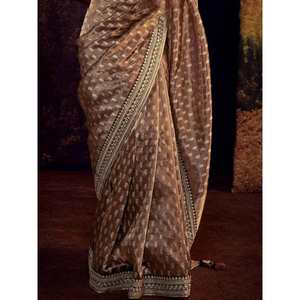 Sari en soie à dentelle lourde marron avec costume Salwar Anarkali et matière Georgette Vêtement de mariage indien festif - Product Image 2