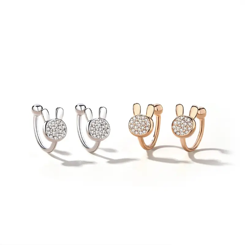 Fashion Bunny Ear Clip Cute Cartoon Micro-inlaid Zircon No Earrings Earrings Round Bead Earrings Sterling Silver
