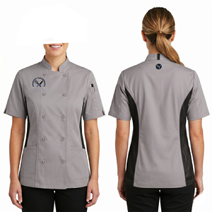 Uniforme de chef pour femmes, 200 GSM, coton poly premium, gris noir, panneaux latéraux en maille, logo personnalisé brodé, veste de chef - Product Image 1