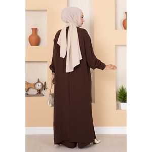 Ensemble deux pièces hijab long semi-boutonné marron café, imprimé floral décontracté en crêpe et tricot pour femmes musulmanes en automne - Product Image 5