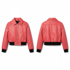 Chaqueta Bomber de Motociclista para Mujer, de Algodón Estampado Rojo Coral, Ajustada, Impermeable, con Cintura y Puños Acanalados Negros - Product Image 1