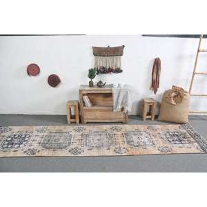 Alfombra Turca Vintage, Alfombra de Lana Azul con Diseño Floral de 2.7x11.1 pies - Product Image 3