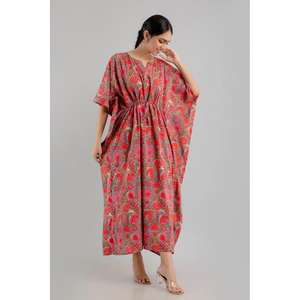 <b>Pink</b> Floral Print Pure Cotton <b>Kaftan</b> Maxi Ethnic Dress-SHKUP1249-Free Size Above Knee Length - Product Image 5