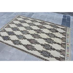 Alfombra Turca de 4.7x7 pies, Alfombra de Lana Vintage Kilim con Puntos Blancos - Product Image 2
